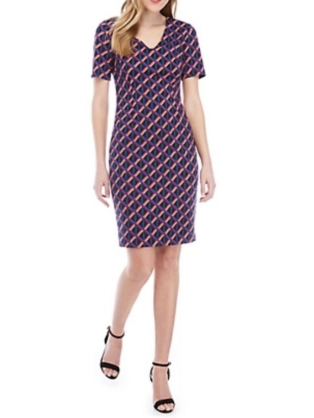 Trina Turk V Neck Geometric Lines Multicolored Career Dress Size 16